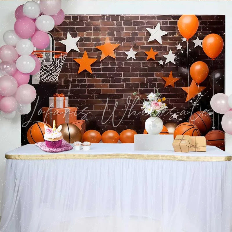 Lofaris Basketball Court Birthday Backdrop Urban Brick Wall with Sports Gear Party Banner
