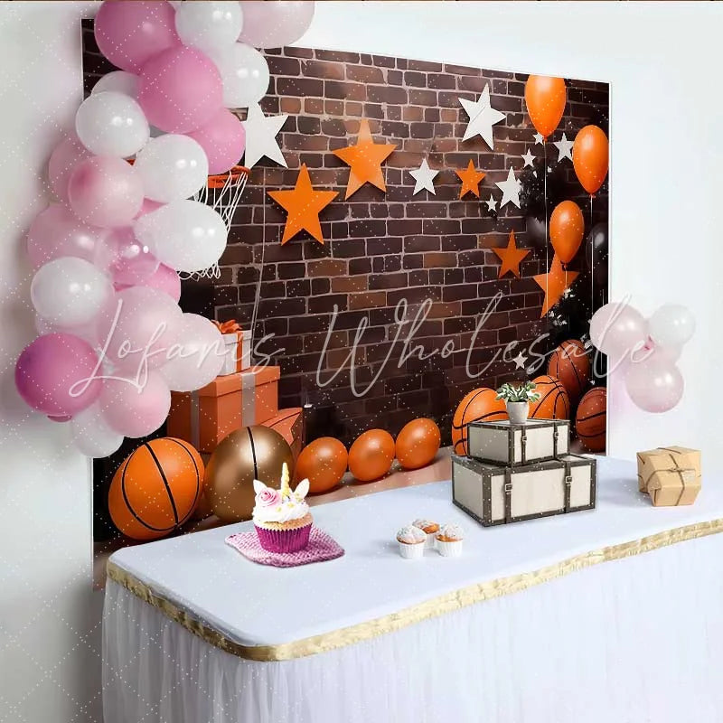 Lofaris Basketball Court Birthday Backdrop Urban Brick Wall with Sports Gear Party Banner