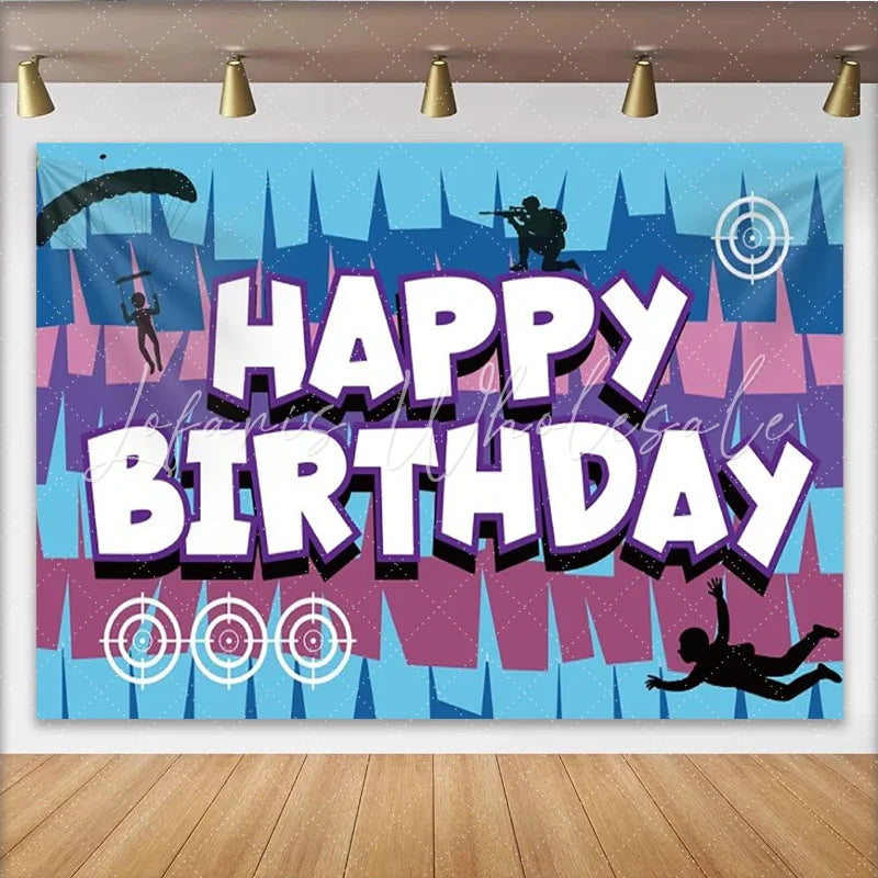 Lofaris Battle Royal Video Game Birthday Backdrop Skydive Parachute Gamer Party Decoration Blue Purple Geometry Photo Background