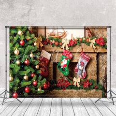Lofaris Bauble Tree Socks Brick Fireplace Christmas Backdrop