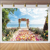 Lofaris Beach Floral Wedding Backdrop with Colorful Petals and Ocean View Beautiful Photography Background for Romantic Event Decor