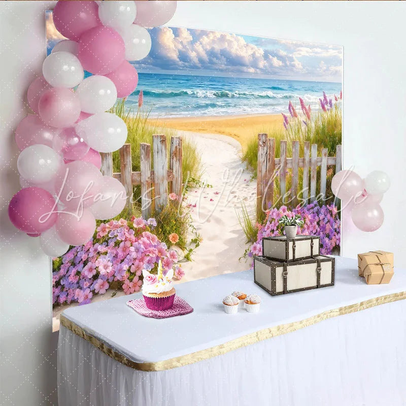 Lofaris Beach Path Photography Backdrop with Ocean Blue Sky and Wood Fence Floral Seaside Background for Summer Photos and Studio Decor