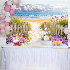 Lofaris Beach Path Photography Backdrop with Ocean Blue Sky and Wood Fence Floral Seaside Background for Summer Photos and Studio Decor