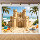 Lofaris Beach Sandcastle Photography Backdrop with Ocean and Palm Trees Summer Seaside Photo Background for Vacation or Studio Shoots
