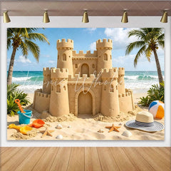 Lofaris Beach Sandcastle Photography Backdrop with Ocean and Palm Trees Summer Seaside Photo Background for Vacation or Studio Shoots