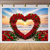 Lofaris Beach Sunset Wedding Backdrop Red Rose Heart Arch and Ocean Waves for Romantic Party
