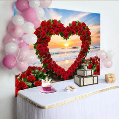 Lofaris Beach Sunset Wedding Backdrop Red Rose Heart Arch and Ocean Waves for Romantic Party