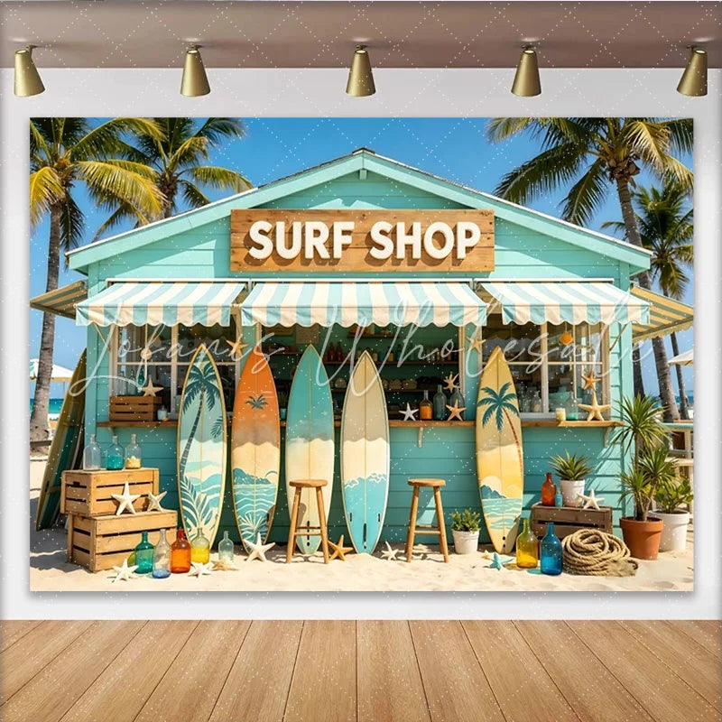 Lofaris Beach Surf Shop Photography Backdrop with Palm Trees and Surfboards Tropical Summer Background for Photo Booth Props