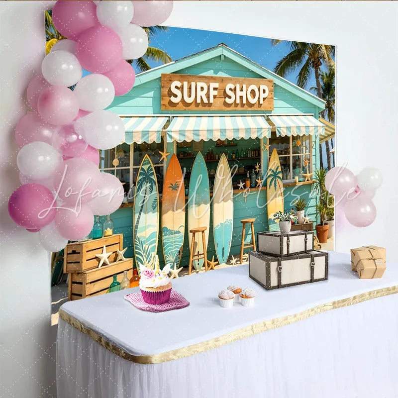 Lofaris Beach Surf Shop Photography Backdrop with Palm Trees and Surfboards Tropical Summer Background for Photo Booth Props