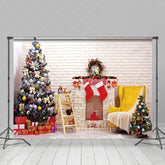 Lofaris Beige Bricks Wall Fireplace Tree Christmas Backdrop