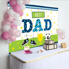 Lofaris Best Dad Fathers Day Backdrop with Soccer Ball Trophy and Shoes Blue Green Sports Theme Photography Background for Party Decor