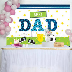 Lofaris Best Dad Fathers Day Backdrop with Soccer Ball Trophy and Shoes Blue Green Sports Theme Photography Background for Party Decor