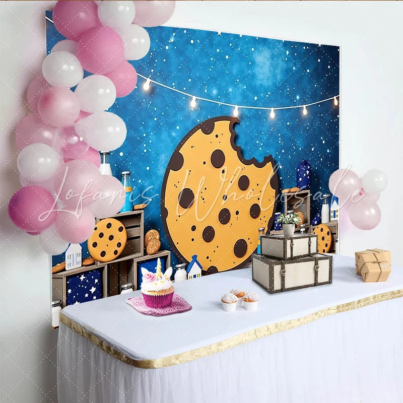 Lofaris Bitten Cookie and Milk Photography Backdrop with Starry Night Sky and String Lights Sweet Dessert Table Background for Kids Party