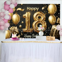 Lofaris Black and Gold 18th Birthday Backdrop with Foil Balloons and Gifts Elegant Party Background for Photoshoot