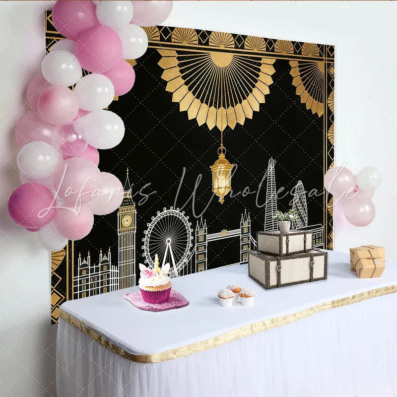 Lofaris Black and Gold Art Deco London City Photography Backdrop Elegant Skyline Background for Party Decor and Studio Photoshoot