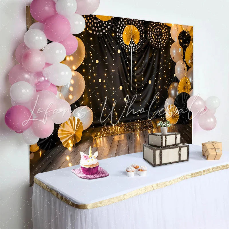 Lofaris Black and Gold Cake Smash Backdrop Elegant String Lights and Paper Fans Photography Background for Birthday