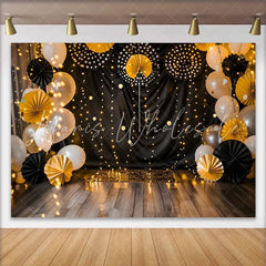 Lofaris Black and Gold Cake Smash Backdrop Elegant String Lights and Paper Fans Photography Background for Birthday
