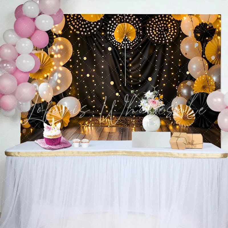 Lofaris Black and Gold Cake Smash Backdrop Elegant String Lights and Paper Fans Photography Background for Birthday