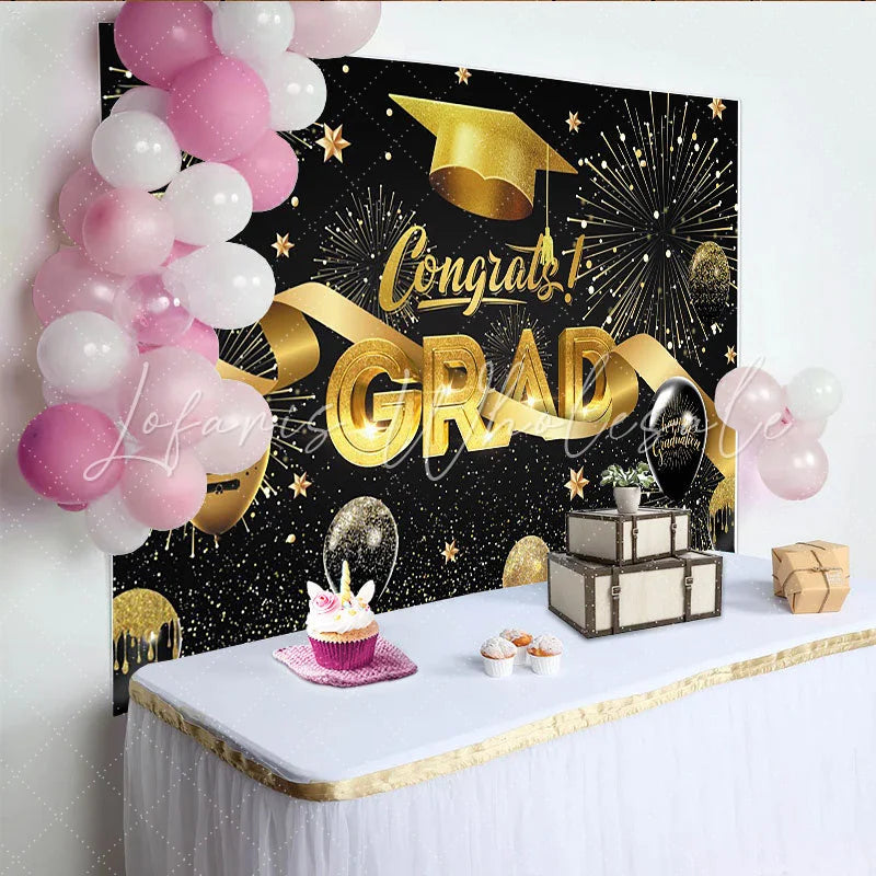 Lofaris Black and Gold Congrats Grad Graduation Backdrop with Cap and Fireworks Sparkling Balloons and Stars Party Decor
