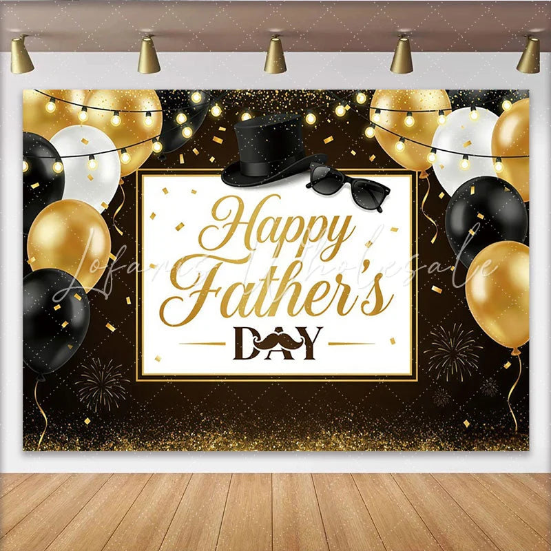 Lofaris Black and Gold Fathers Day Backdrop with Balloons and Top Hat Elegant Party Background for Dad Celebration Photography