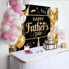 Lofaris Black and Gold Glitter Fathers Day Backdrop with Balloons and Party Hat Elegant Photo Booth Props for Celebration