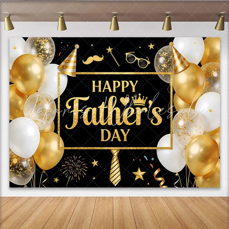 Lofaris Black and Gold Glitter Fathers Day Backdrop with Balloons and Party Hat Elegant Photo Booth Props for Celebration
