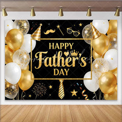 Lofaris Black and Gold Glitter Fathers Day Backdrop with Balloons and Party Hat Elegant Photo Booth Props for Celebration