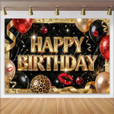Lofaris Black and Gold Glitter Happy Birthday Backdrop Red Lips Balloons and Leopard Print Photography Background for Party Decor