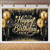 Lofaris Black and Gold Glitter Happy Birthday Backdrop with Balloons and Stars Elegant Party Photography Background for Celebration Decor