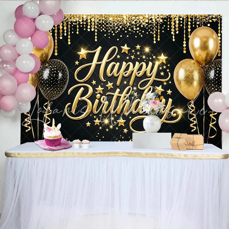 Lofaris Black and Gold Glitter Happy Birthday Backdrop with Balloons and Stars Elegant Party Photography Background for Celebration Decor