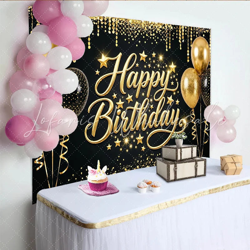 Lofaris Black and Gold Glitter Happy Birthday Backdrop with Balloons and Stars Elegant Party Photography Background for Celebration Decor
