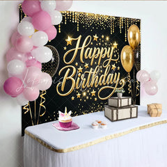 Lofaris Black and Gold Glitter Happy Birthday Backdrop with Balloons and Stars Elegant Party Photography Background for Celebration Decor