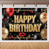 Lofaris Black and Gold Glitter Happy Birthday Backdrop with Balloons Elegant Party Background for Adult Celebration and Photoshoot