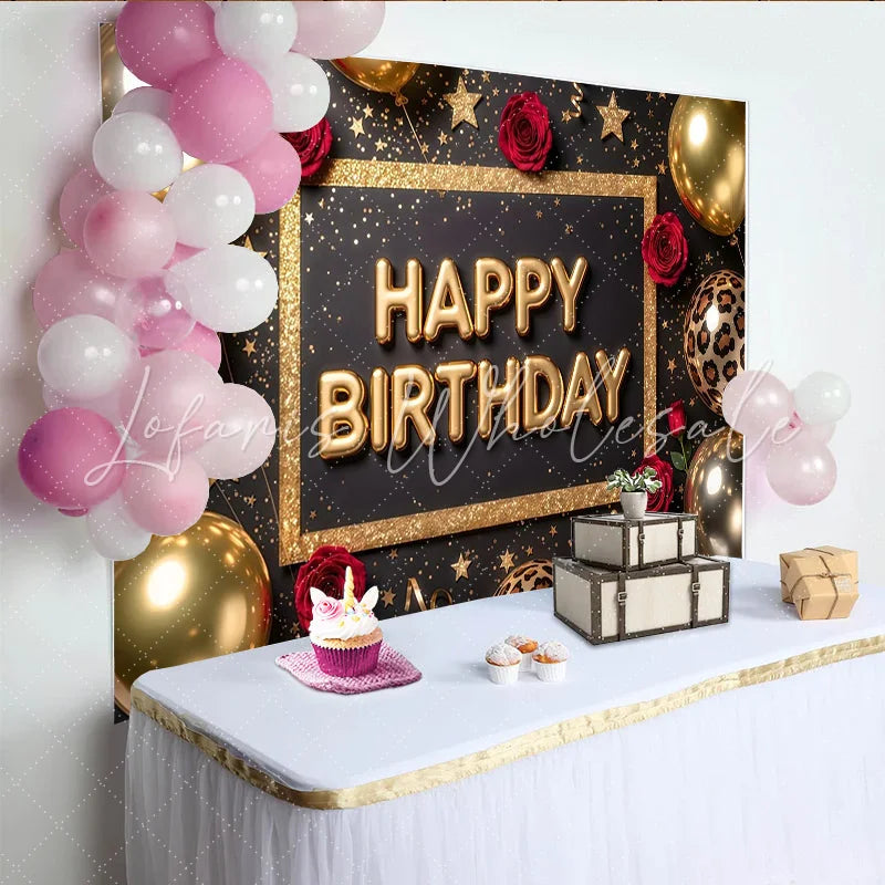 Lofaris Black and Gold Glitter Happy Birthday Backdrop with Red Roses Elegant Party Decor and Photo Booth Background for Celebrations