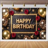 Lofaris Black and Gold Glitter Happy Birthday Backdrop with Red Roses Elegant Party Decor and Photo Booth Background for Celebrations