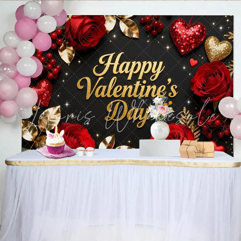 Lofaris Black and Gold Glitter Happy Valentine’s Day Party Backdrop with Red Roses and Hearts Romantic Celebration Decor