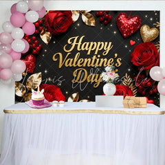 Lofaris Black and Gold Glitter Happy Valentine’s Day Party Backdrop with Red Roses and Hearts Romantic Celebration Decor