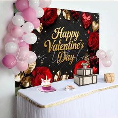 Lofaris Black and Gold Glitter Happy Valentine’s Day Party Backdrop with Red Roses and Hearts Romantic Celebration Decor