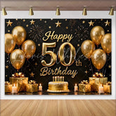 Lofaris Black and Gold Happy 50th Birthday Backdrop Golden Balloons Stars Gifts Cake Party Decoration Props