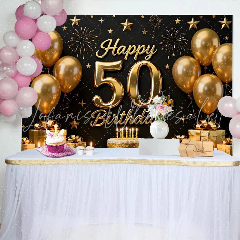 Lofaris Black and Gold Happy 50th Birthday Backdrop Golden Balloons Stars Gifts Cake Party Decoration Props