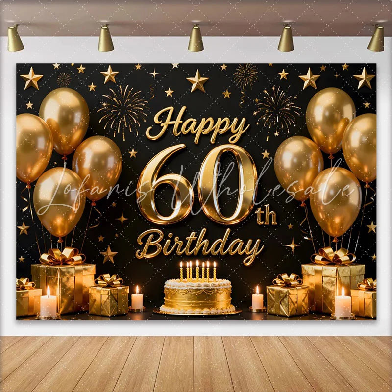 Lofaris Black and Gold Happy 60th Birthday Backdrop Golden Balloons Stars Gifts Cake Party Decoration Props