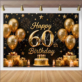 Lofaris Black and Gold Happy 60th Birthday Backdrop Golden Balloons Stars Gifts Cake Party Decoration Props