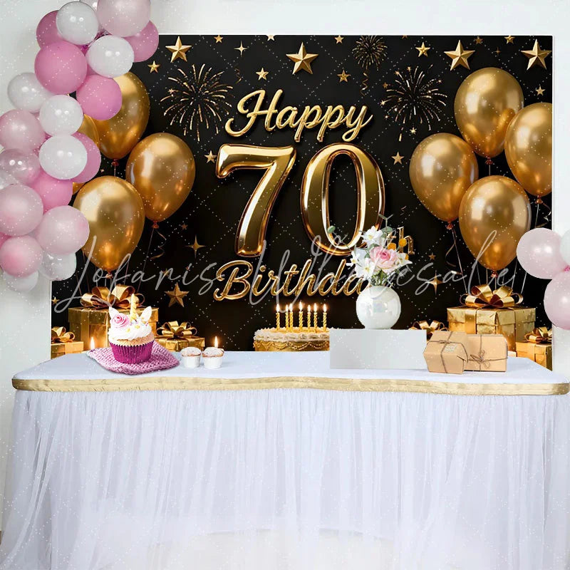 Lofaris Black and Gold Happy 70th Birthday Backdrop Golden Balloons Stars Gifts Cake Party Decoration Props