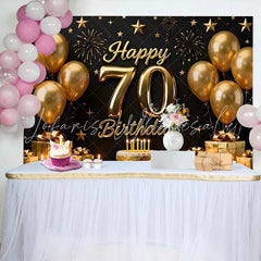 Lofaris Black and Gold Happy 70th Birthday Backdrop Golden Balloons Stars Gifts Cake Party Decoration Props