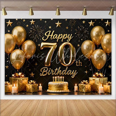 Lofaris Black and Gold Happy 70th Birthday Backdrop Golden Balloons Stars Gifts Cake Party Decoration Props