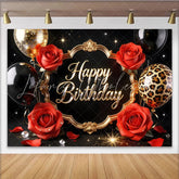 Lofaris Black and Gold Happy Birthday Backdrop with Red Roses and Balloons Elegant Leopard Print Party Background for Women Photography