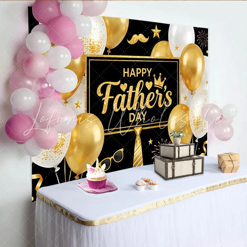 Lofaris Black and Gold Happy Father’s Day Backdrop with Glitter Balloons and Tie Elegant Party Decoration for Dad’s Celebration