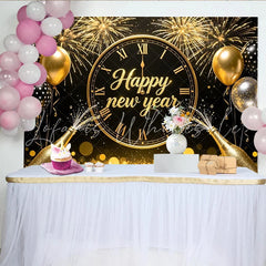 Lofaris Black and Gold Happy New Year Backdrop with Clock Fireworks and Champagne Festive Party Background for Celebration Decor
