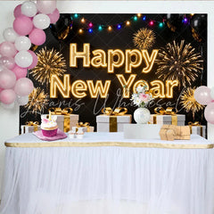 Lofaris Black and Gold Happy New Year Party Backdrop with Fireworks Balloons and Gifts for Festive Celebration Decor