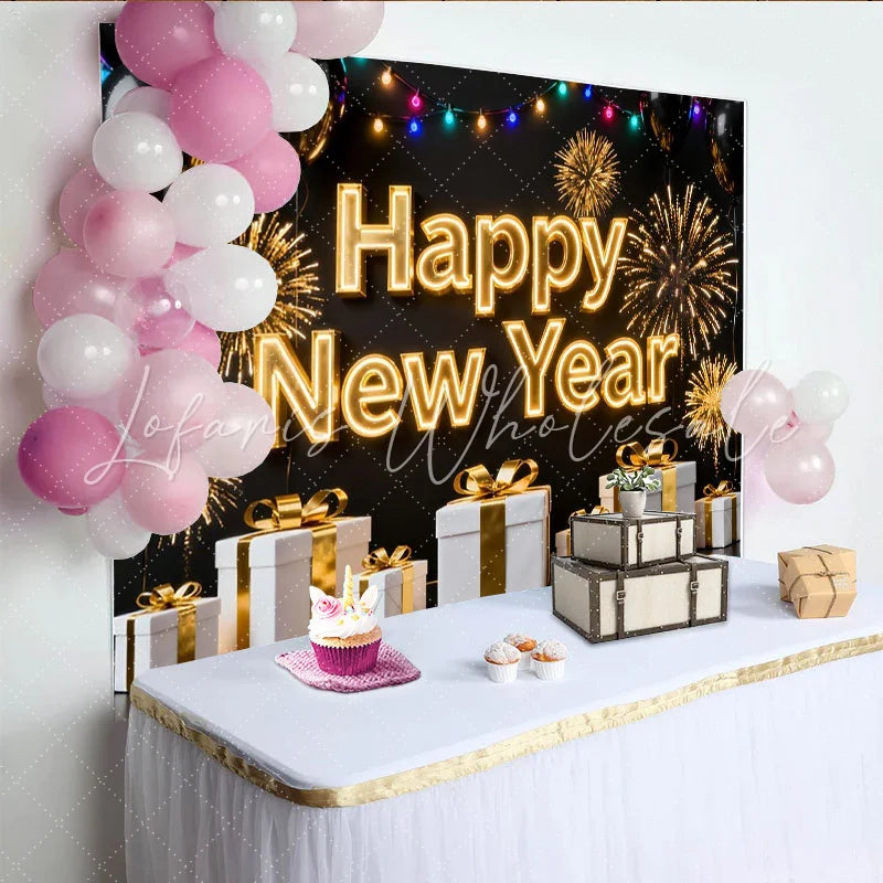 Lofaris Black and Gold Happy New Year Party Backdrop with Fireworks Balloons and Gifts for Festive Celebration Decor